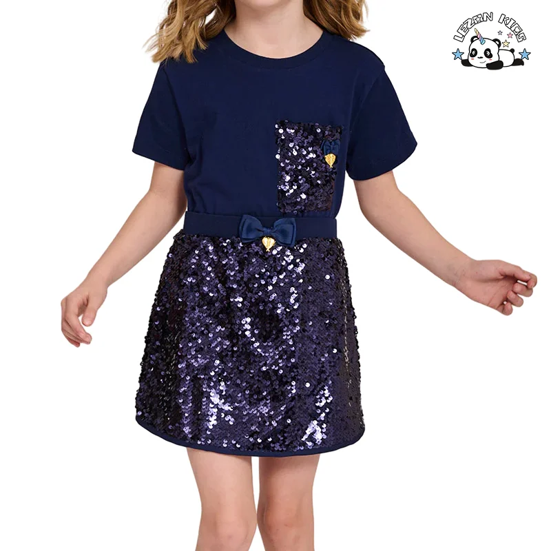 LEZONKIDS - Customizable Blue Sequin Party T-shirt and Skirt Set Girls Sets Child Clothing for Teen Girls